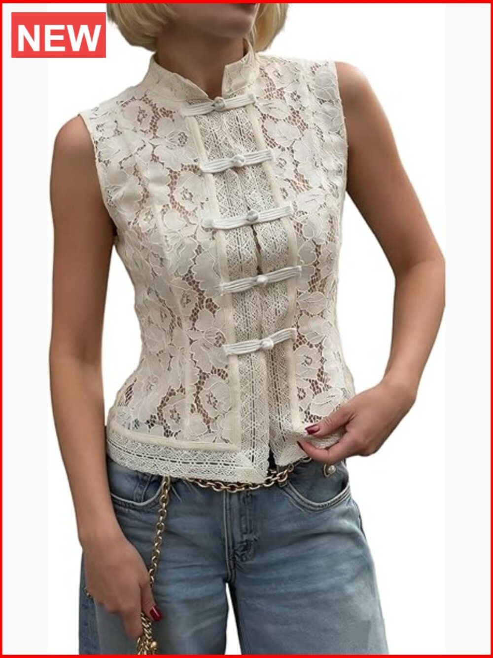 Sheer Lace Mock Neck Frog Button Mandarin Collar Tank Top Sleeveless Crop Top